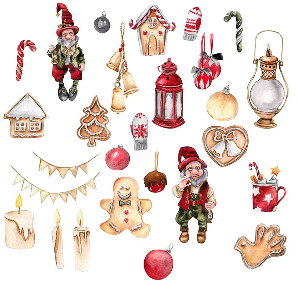 Set Christmas Cookie Gnome Lamp New Year Toys Hand Drawn — Stock Photo, Image