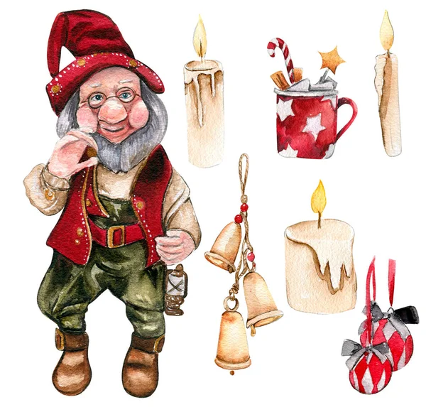 Karácsonyi Törpe Gyertyák Újévi Játékok Kézzel Rajzolt Akvarell Illusztráció Téli — Stock Fotó