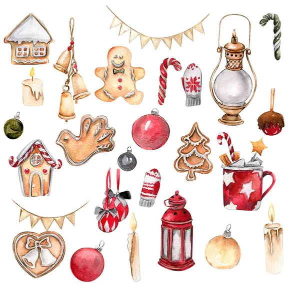 Набор Рождественского Печенья Лампы Новогодние Игрушки Ручной Рисунок Акварелью Зимнего — стоковое фото