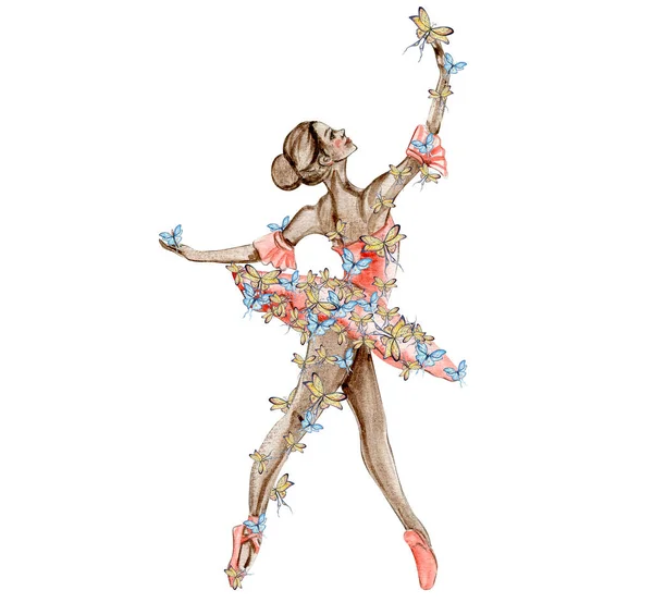 Aquarel Dansende Ballerina Rode Jurk Met Vlinders Met Hand Getekend — Stockfoto