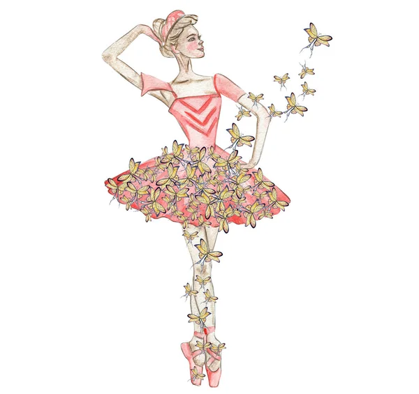 Akvarell Dans Ballerina Röd Klänning Med Fjärilar Handritad Klassisk Balettföreställning — Stockfoto