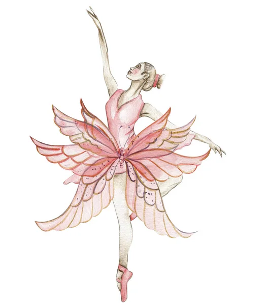 Bailarina Baile Acuarela Vestido Rojo Con Mariposas Actuación Ballet Clásico —  Fotos de Stock
