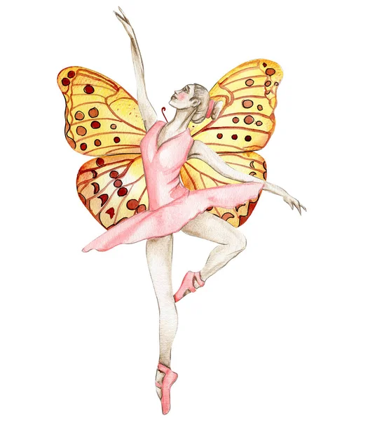 Aquarell Tanzende Ballerina Roten Kleid Mit Schmetterlingen Handgezeichnete Klassische Ballettaufführung — Stockfoto