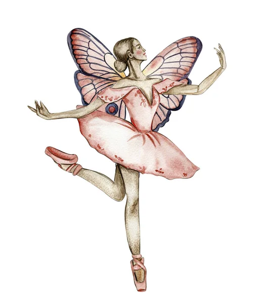 Балерина Акварели Красном Платье Бабочками Ручное Рисование Классического Балетного Спектакля — стоковое фото