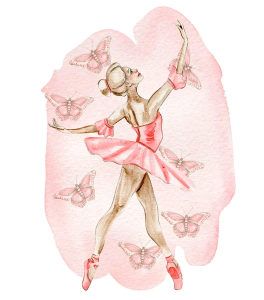 水彩舞芭蕾舞演员 身穿红色衣服 头戴蝴蝶 手绘经典芭蕾舞表演 摆姿势 年轻漂亮的芭蕾舞演员的例子 可用于明信片和海报 — 图库照片
