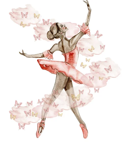 Akvarell Dans Ballerina Röd Klänning Med Fjärilar Handritad Klassisk Balettföreställning — Stockfoto