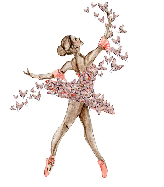 Akvarel Taneční Balerína Červených Šatech Motýly Ručně Kreslený Klasický Baletní — Stock fotografie