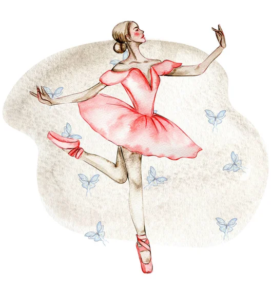 蝶と赤いドレスで水彩ダンスバレリーナ 手の古典的なバレエ公演 ポーズを描いた 若いかなりバレリーナの女性のイラスト はがきやポスターにもご利用いただけます — ストック写真