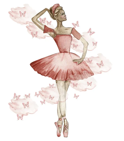Акварель Танцює Балерину Червоній Сукні Метеликами Рука Намальована Класичним Виступом — стокове фото