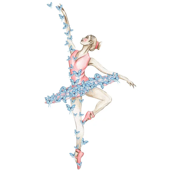 水彩舞芭蕾舞演员 身穿红色衣服 头戴蝴蝶 手绘经典芭蕾舞表演 摆姿势 年轻漂亮的芭蕾舞演员的例子 可用于明信片和海报 — 图库照片