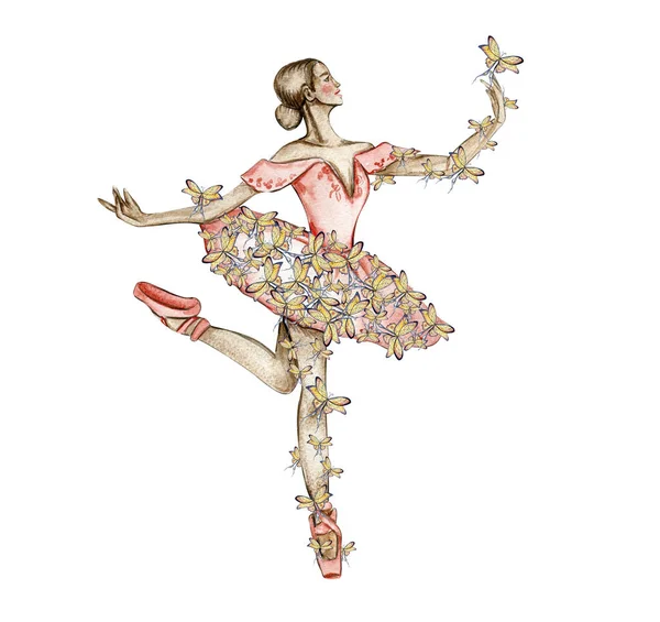 Akvarel Taneční Balerína Červených Šatech Motýly Ručně Kreslený Klasický Baletní — Stock fotografie