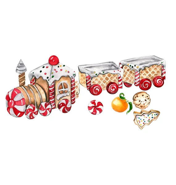 Komposition Für Weihnachten Geschenke Cupcake Kuchen Plätzchen Tannenzweige Aquarell Handgezeichnete — Stockfoto