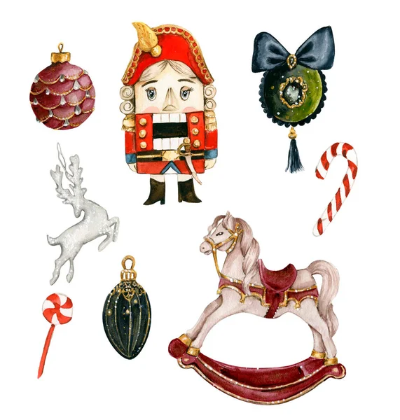 Elemek Karácsonyra Játékok Lány Diótörő Újévi Akvarell Kézzel Rajzolt Illusztráció — Stock Fotó