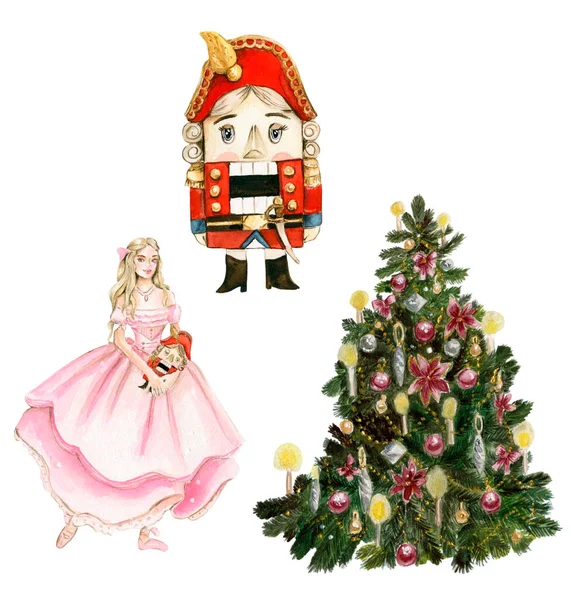 Elemek Karácsonyra Játékok Lány Diótörő Újévi Akvarell Kézzel Rajzolt Illusztráció — Stock Fotó