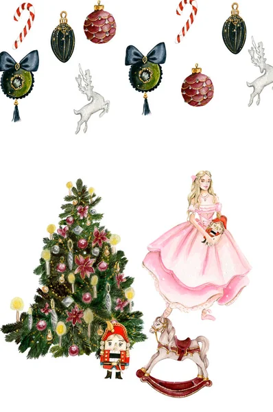 Set Von Elementen Für Weihnachten Baumspielzeug Mädchen Nussknacker Neujahrsbaum Aquarell — Stockfoto
