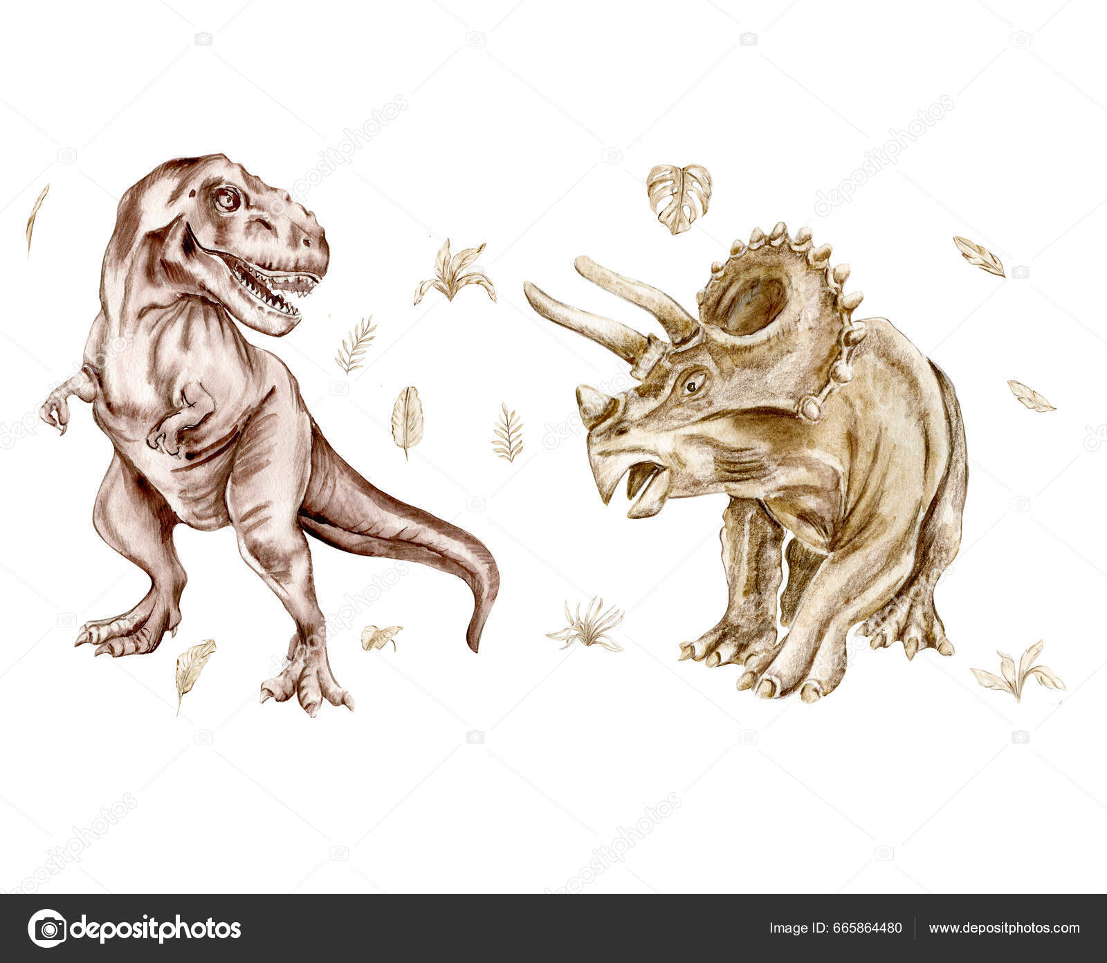 Desenho de Tricerátopo e tiranossauro rex pintado e colorido por