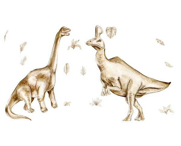 Akvarell Kézzel Rajzolt Trópusi Dinoszaurusz Kézzel Festett Aranyos Dinoszauruszok Dino — Stock Fotó
