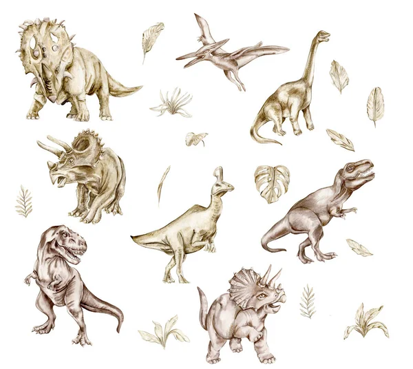 Akvarel Håndtegnede Tropiske Dinosaur Sæt Hånd Malet Søde Dinosaurer Dino - Stock-foto
