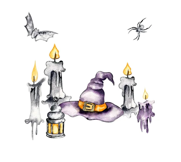 Zusammensetzung Hut Lampe Kerze Aquarell Handgezeichnete Illustration Kann Für Halloween — Stockfoto