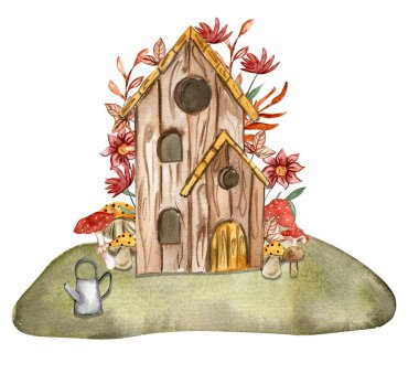 Çiçek kompozisyonlu eski bir ahşap ev. Paslı bir diş minesi elementi. El çizimi suluboya çizimi. Düğün davetiyesi, tebrik kartı, posterler için mükemmel..