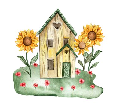 Çiçek kompozisyonlu eski bir ahşap ev. Paslı bir diş minesi elementi. El çizimi suluboya çizimi. Düğün davetiyesi, tebrik kartı, posterler için mükemmel..