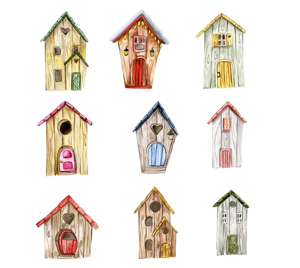 stock image An old wooden houses . An old rusty enamel element. Hand drawn watercolor illustration. Perfect for wedding invitation, greetings card, posters.