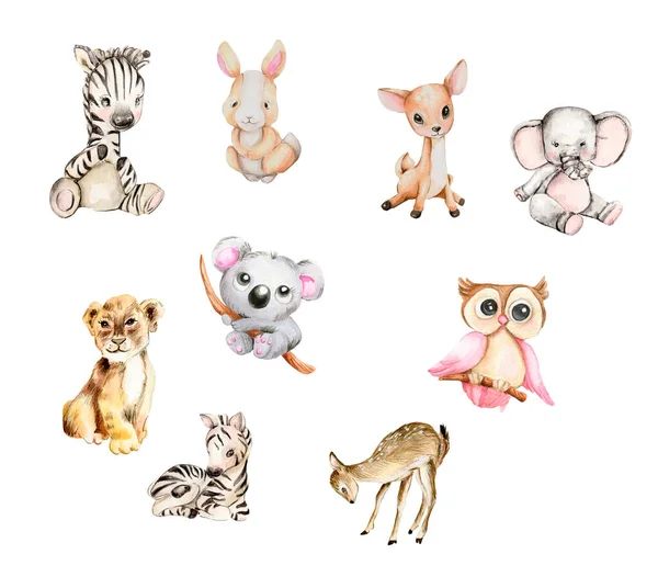 Akvarel Håndtegnede Søde Små Baby Dyr Sæt Tegnet Akvarel Illustration - Stock-foto