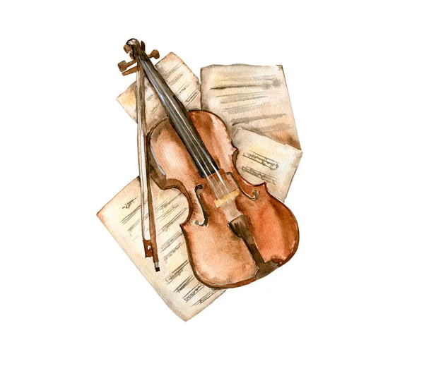 Old violin lies on paper with notes. Perfect for wedding, invitations, blogs, card templates, birthday and baby cards, patterns, quotes.