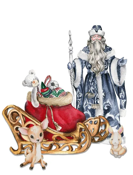 Akvarell Illusztrációja Mikulás Karácsonyi Bot Kék Kabátban Fehér Dísz Baba — Stock Fotó