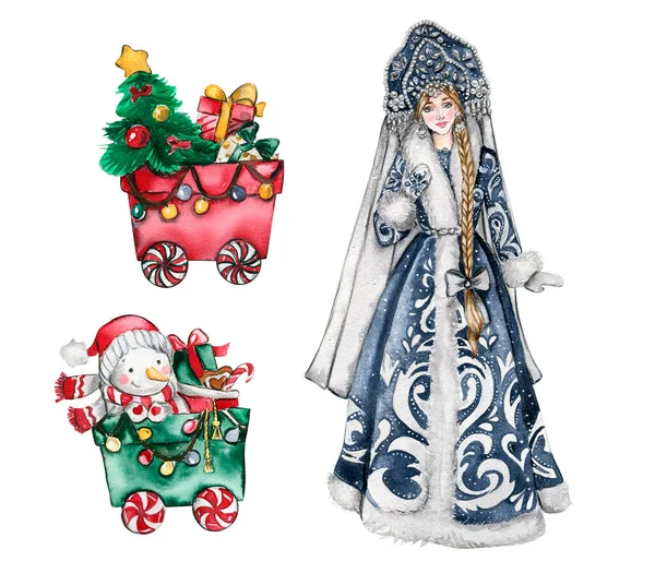 Die Schneemädchen Weihnachtskleid Und Weihnachtswagen Aquarell Illustration Snow Maiden Fabelhaftes — Stockfoto