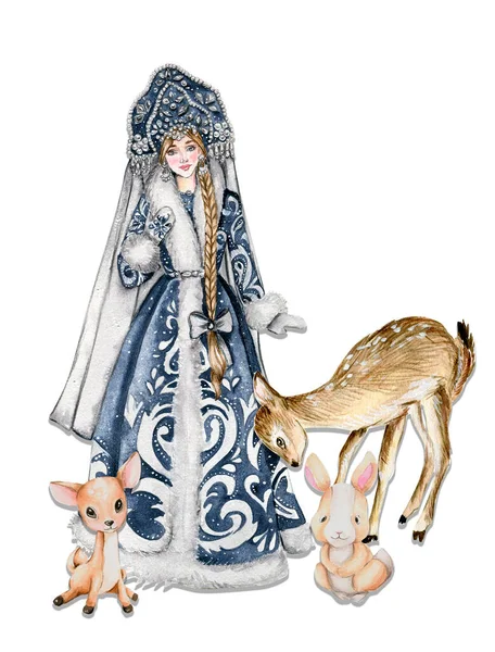 赤ちゃんの動物とクリスマスドレスの雪の乙女 冬のロシアの少女 ロシアのサンタクロースの孫娘 冷たい青い冬の色の水彩画の肖像画 — ストック写真