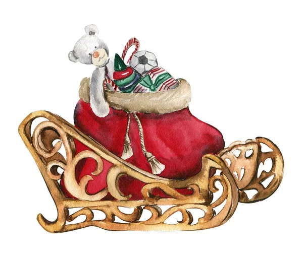 Рождественские Сани Подарками Красной Сумке Акварель Ручной Работы Иллюстрации Приглашений — стоковое фото