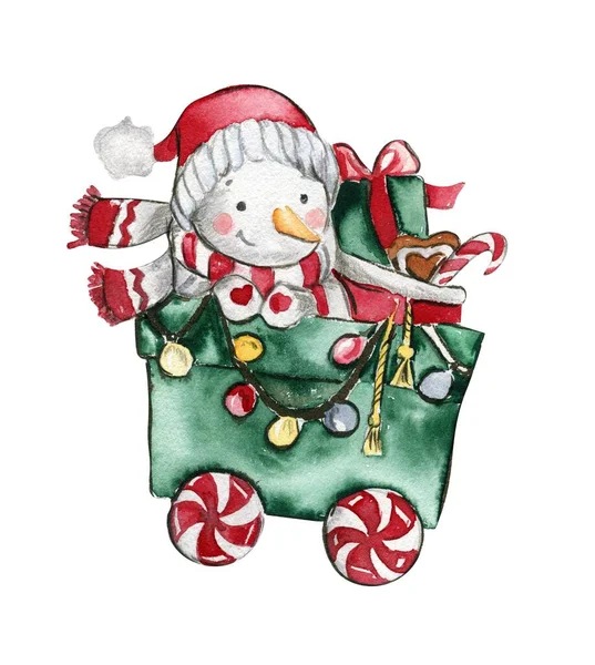 Vagão Natal Com Presentes Watercolor Ilustração Desenhada Mão Para Convites — Fotografia de Stock