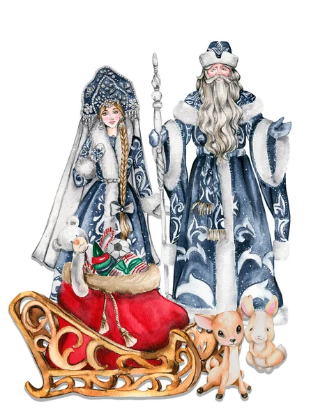 白い装飾が施された青いコートにクリスマススティック付きサンタクロースの水彩イラスト 青いドレスと赤ちゃん動物の雪乙女 ロシアのサンタクロースと彼の孫娘 — ストック写真