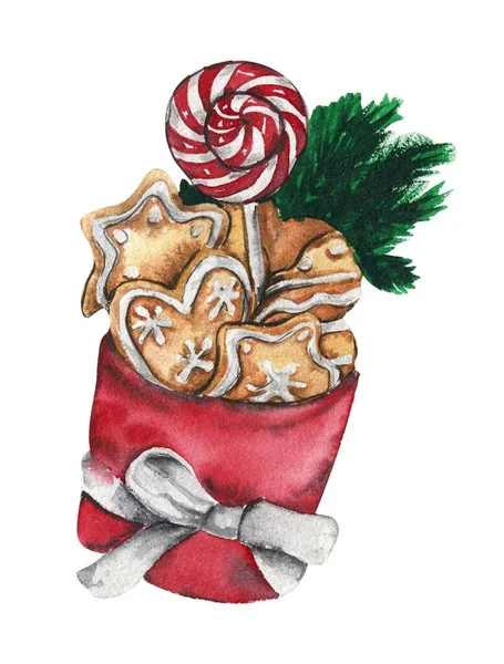 Weihnachtspäckchen Lebkuchen Aquarell Gezeichnete Illustrationen Für Einladungen Grußkarten Drucke Verpackungen — Stockfoto