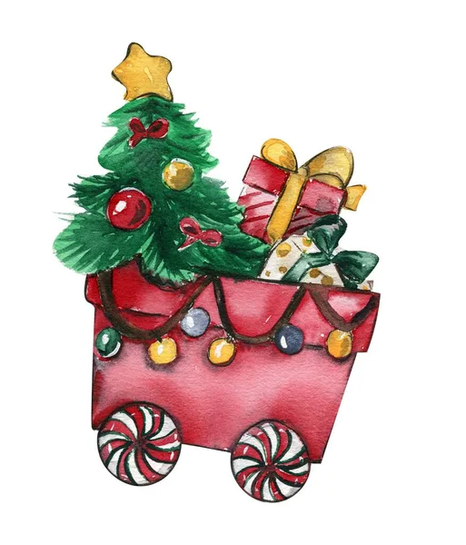 Carro Natale Con Regali Illustrazione Disegnata Mano Acquerello Inviti Biglietti — Foto Stock