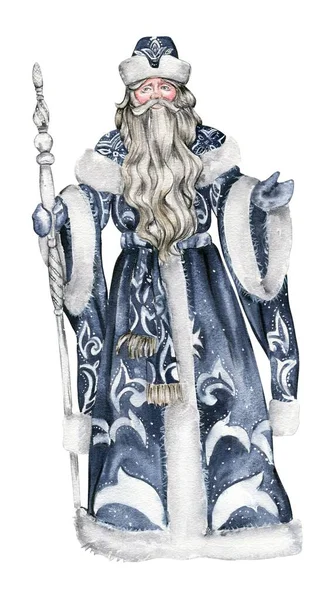クリスマススティック付きサンタクロースの水彩イラスト 新年のカード 長い鞭でロシアのサンタクロースを迎える 白い装飾が施された青いコートのサンタ 手作り — ストック写真