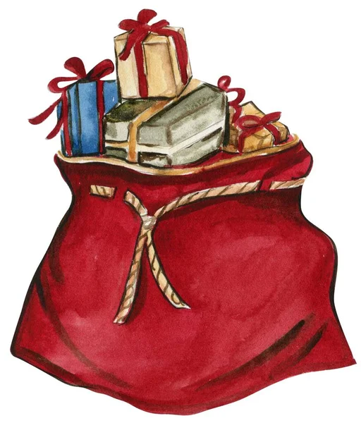 Cadeaux Noël Dans Sac Rouge Illustration Aquarelle Dessinée Main Pour — Photo