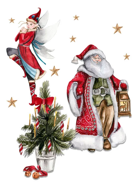 Υδατογραφία Εικονογράφηση Του Santa Claus Χριστουγεννιάτικο Δέντρο Και Ξωτικό Ευχετήρια — Φωτογραφία Αρχείου