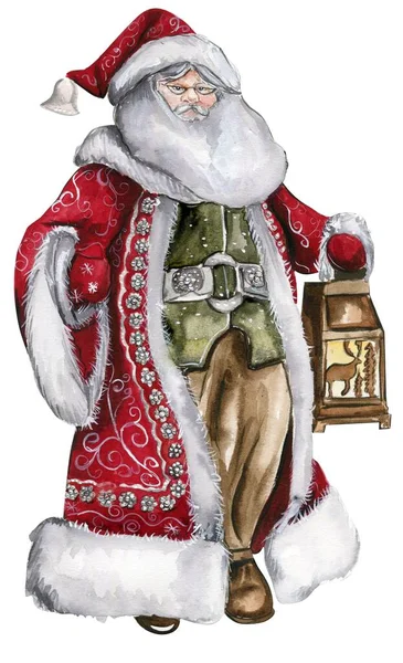 Ilustración Acuarela Santa Claus Con Lámpara Saludo Tarjeta Año Nuevo —  Fotos de Stock