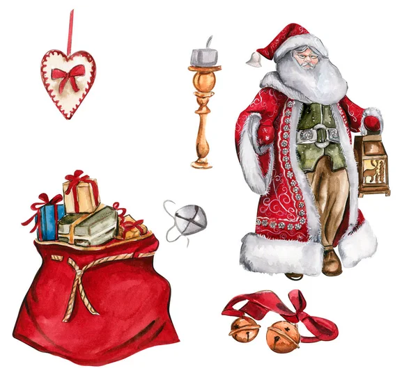 Акварельная Иллюстрация Санта Клауса Колокола Красная Сумка Рождественскими Подарками Новогодняя — стоковое фото