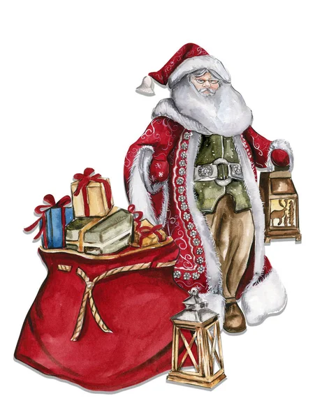 サンタクロースとクリスマスプレゼント付きの赤いバッグの水彩イラスト 新年のカードを迎える 長い白いひげを持つサンタクロース 白い装飾が施された赤いコートのサンタ 手作り — ストック写真