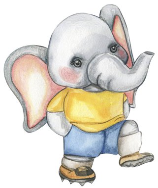 Fil futbolcusu suluboya çizimi. Bebek partisi için tasarım, doğum günü, pasta, bayram kutlama tasarımı, kartpostallar.