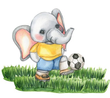 Fil futbolcu suluboya kompozisyonu. Suluboya el çizimi çizimi. Bebek partisi için tasarım, doğum günü, pasta, bayram kutlama tasarımı, kartpostallar.