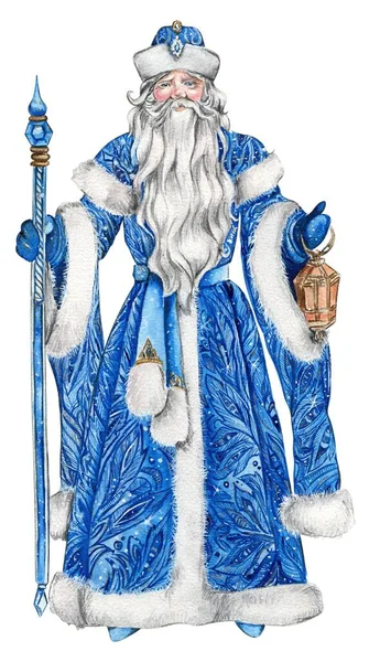 クリスマスの棒が付いているサンタクロースの水彩画のイラスト 新年のカード ロシアのサンタクロース 長い白ひげ サンタは白い装飾と青いコートを着ています ハンドメイド絵画 — ストック写真