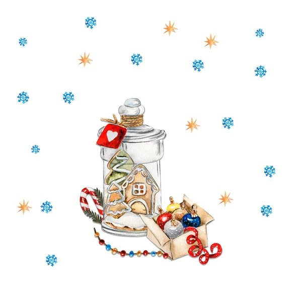 Świąteczna Kompozycja Szklaną Butelką Domkiem Piernika Ręcznie Rysowane Ilustracje Akwareli — Zdjęcie stockowe