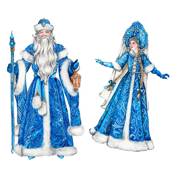 クリスマスの棒とサンタクロースの水彩画のイラスト 長い白いひげと青い服の白い装飾と雪の乙女と青いコートで手にスティック ロシアのサンタクロースと彼の孫娘 — ストック写真