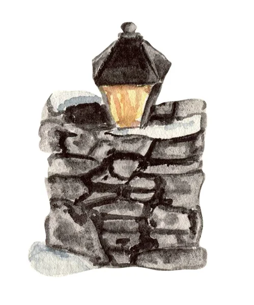 Lampa Zewnątrz Kamienną Piwnicą Ręcznie Rysowana Ilustracja Akwarela Zaproszenia Kartki — Zdjęcie stockowe