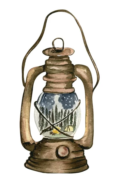 Lampa Kompozycją Lasu Wewnątrz Akwarela Ręcznie Rysowane Ilustracja Zaproszenia Kartki — Zdjęcie stockowe