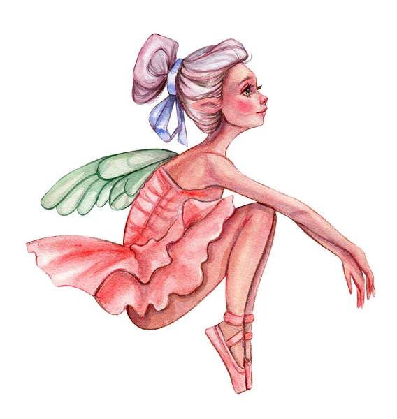 卡通片仙女穿着粉红连衣裙 有魔法翅膀 水彩画手绘插图 婴儿淋浴派对 节日庆祝设计 问候卡 邀请函的设计 — 图库照片